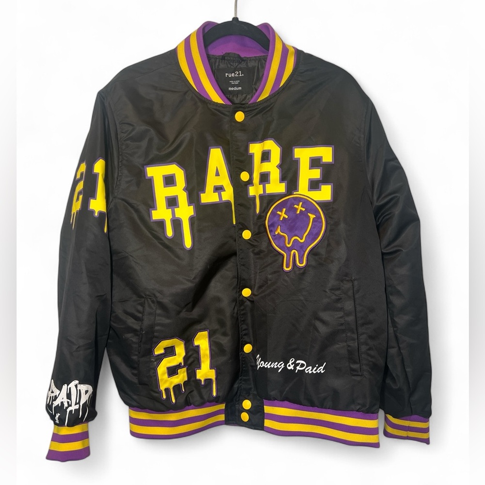 RUE 21 "RARE" Streetwear Hip Hop Satin Bomber Varsity Jacket Young & Paid RARE M